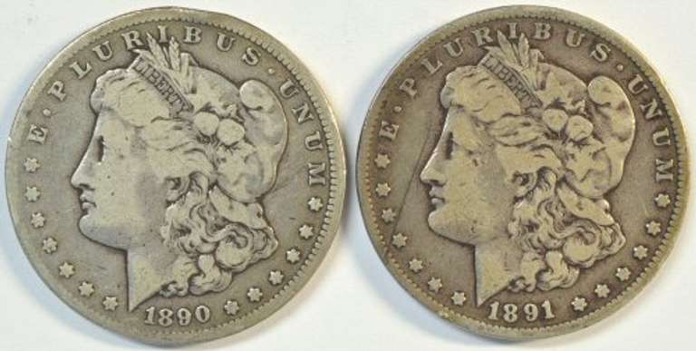 Scarce 1890-CC & 1891-CC Morgan Silver Dollars. Two CC's