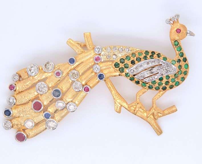 Majestic Yellow Gold Ruby, Sapphire and Emerald Peacock Brooch
