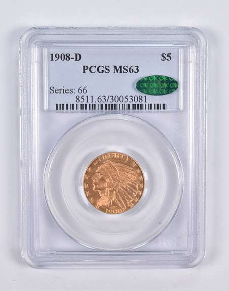 MS63 1908-D $5 Indian Head Gold Half Eagle CAC PCGS