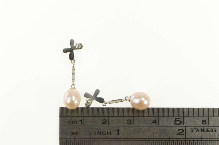 14K White Gold Butterfly Flower Pink Pearl Dangle Earrings