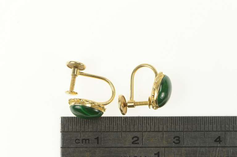 14K Yellow Gold Oval Malachite Cabochon Screw Back Vintage Earrings
