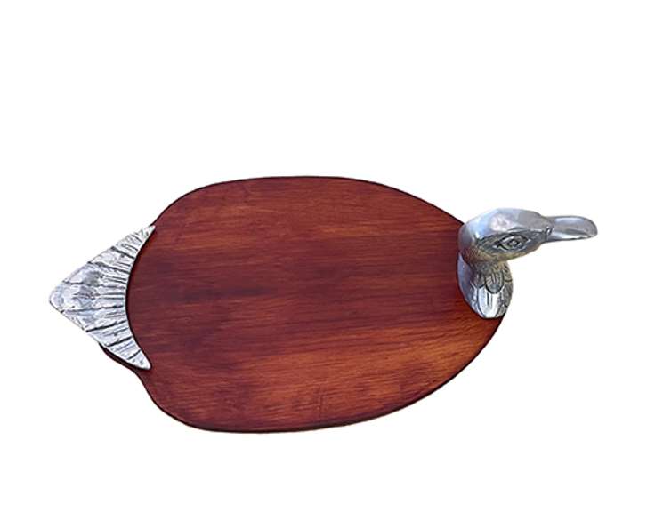 Vintage Wooden Bread Board, Serving Tray or Trivet With Pewter Duck Head and Tail