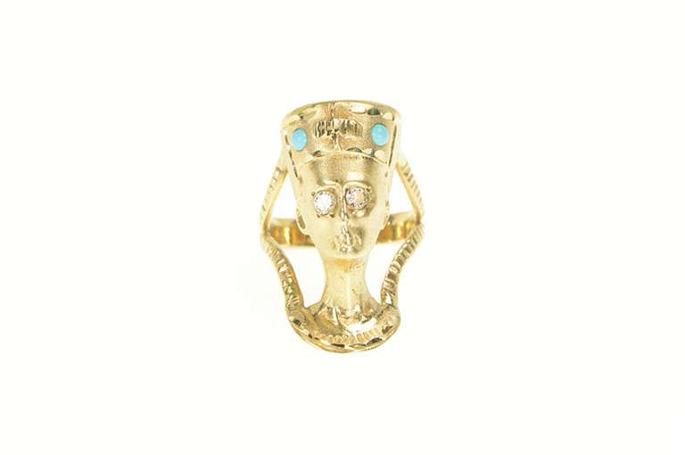 14K Yellow Gold Diamond Queen Nefertiti Turquoise Egyptian Ring