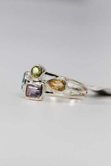 Sterling Silver Natural Amethyst, Blue Topaz, Citrine, Peridot Gemstone Ring