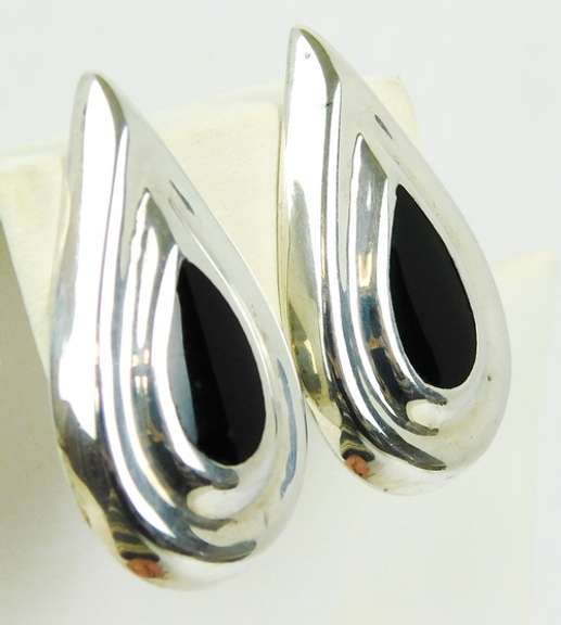 Large Sterling Black Onyx Clip Earrings