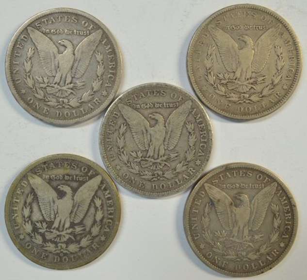 5 Diff. Morgan Silver Dollars 1878 to 1889-O. Nice circs