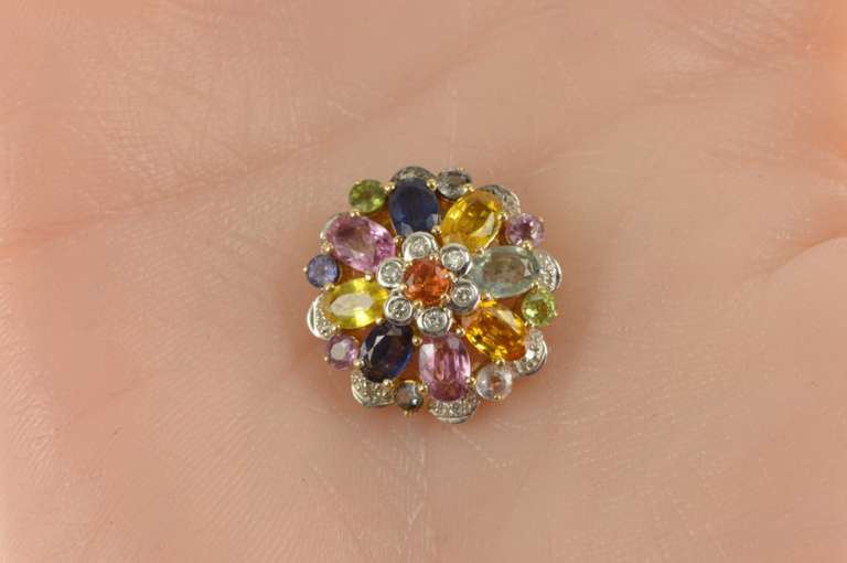 14K Yellow Gold Round Natural Sapphire Diamond Flower Cluster Pendant