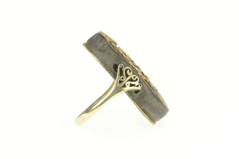 14K Yellow Gold Ornate Bronze Floral Scene Oval Statement Ring