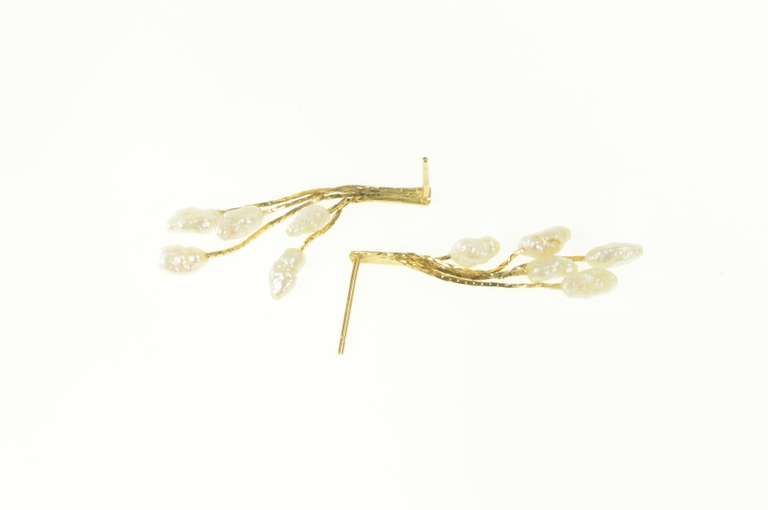 14K Yellow Gold Blister Pearl Fringe Dangle Chain Statement Earrings
