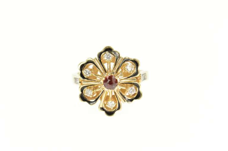 14K Yellow Gold Ornate Ruby Diamond Enamel Flower Cocktail Ring