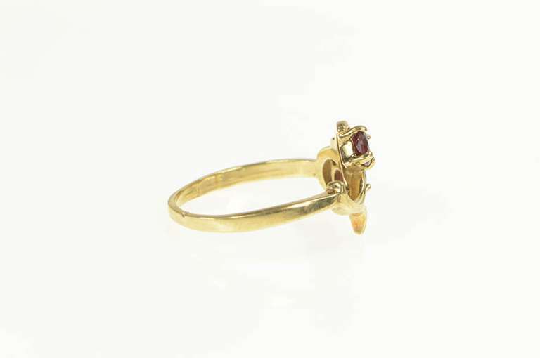 14K Yellow Gold Round Synthetic Ruby Retro Vine Swirl Cherry Ring
