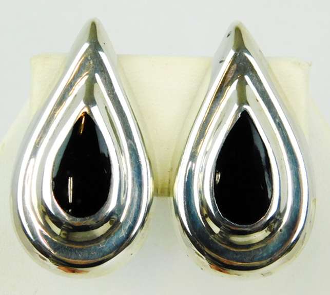 Large Sterling Black Onyx Clip Earrings