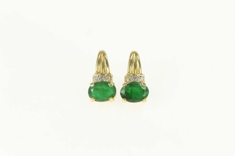 14K Yellow Gold Oval Natural Emerald Diamond Accent Stud Earrings