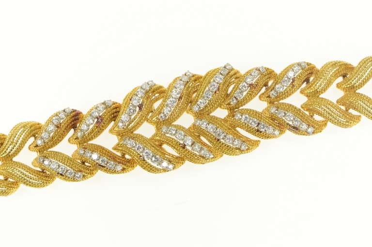 18K Yellow Gold 1950's 2.88 Ctw Diamond Braided Plait Thick Bracelet