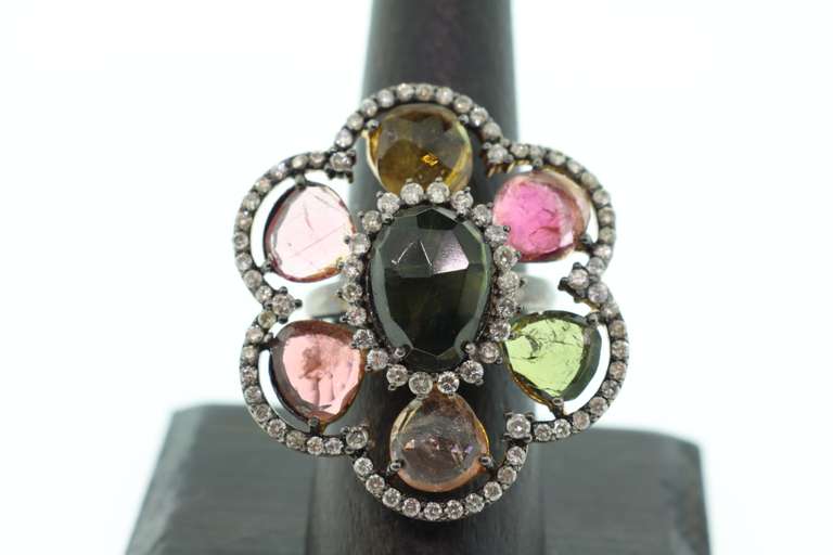 Polychromatic Tanzanite Floral Ring with Sterling Silver and Diamond Accents