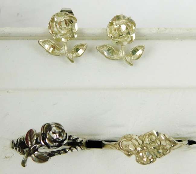 2 Sterling Silver Rose Rings & Earrings
