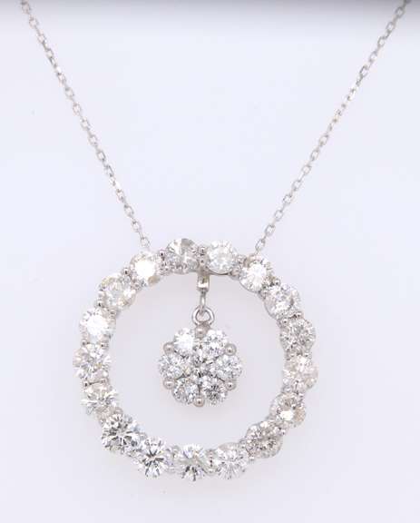 Eyecatching White Gold Diamond Circle with Diamond Cluster Dangle Pendant on Chain