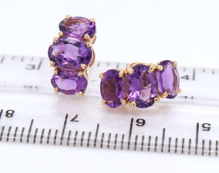 Yellow Gold 3 Stone Amethyst Earrings