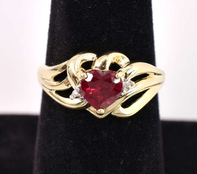 Romantic Ruby Heart and Diamond Ring in Yellow Gold