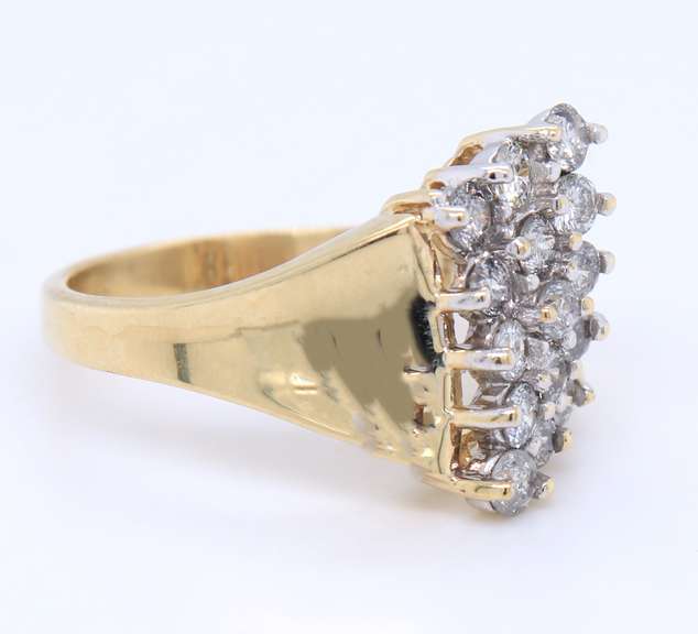 Gorgeous Yellow Gold Round Brilliant Cut Waterfall Diamond Cluster Ring