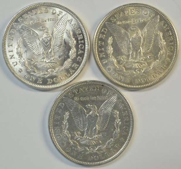 Real flashy-white 1921 P-D-S Morgan Silver Dollars. Nice