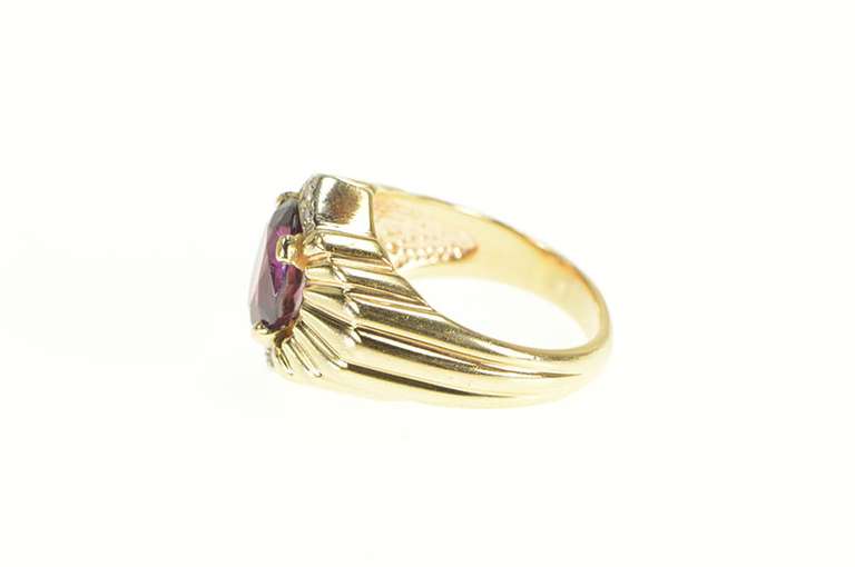 18K Yellow Gold Rhodolite Garnet Diamond Grooved Statement Ring