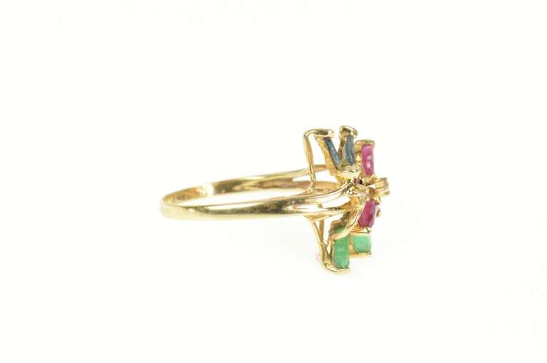 14K Yellow Gold Emerald Ruby Sapphire Cluster Diamond Accent Ring