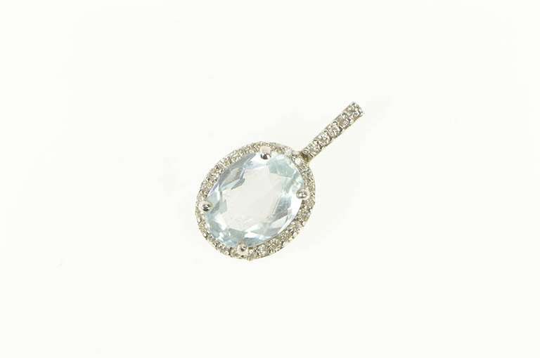 14K White Gold Oval Blue Topaz Diamond Halo Statement Pendant
