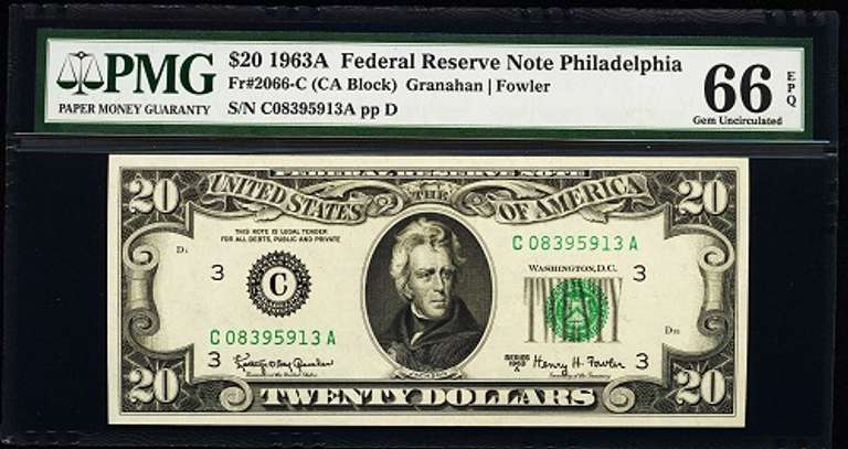 Gem Crisp 1963A $20 Federal Reserve Note Philadelphia PMG 66 EPQ!