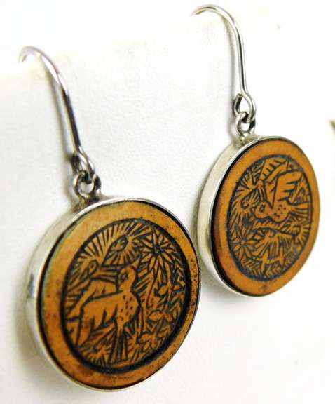 950 Sterling Earrings with Carved Wood Disks