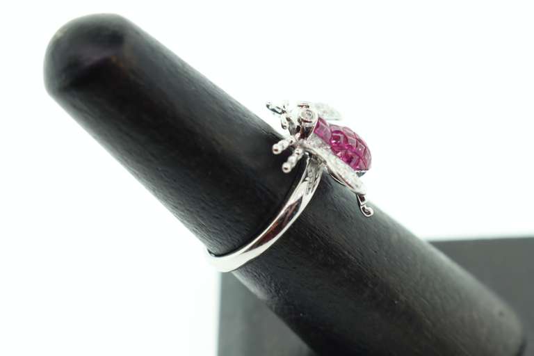 Ruby Back Dragonfly 18k White Gold Ring with Diamonds