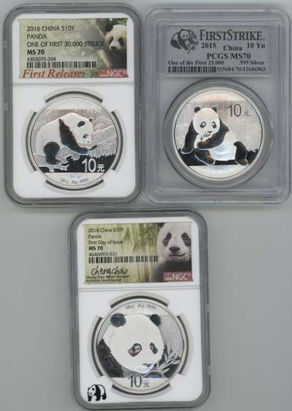 Flawless 2015, 2016, & 2018 China Panda 1st Strikes. PCGS & NGC MS70