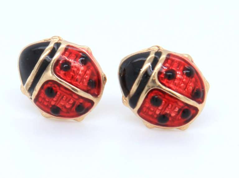 Cute Yellow Gold Enamel Lady Bug Earrings