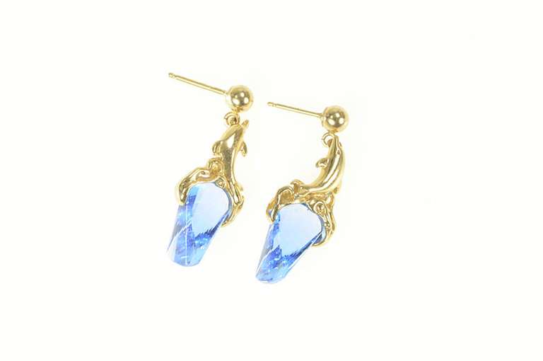 14K Yellow Gold Fantasy Cut Syn. Sapphire Dangle Statement Earrings