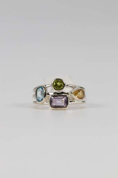 Sterling Silver Natural Amethyst, Blue Topaz, Citrine, Peridot Gemstone Ring