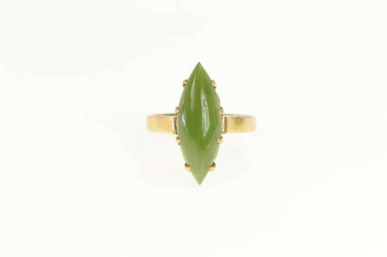 14K Yellow Gold 1960's Marquise Nephrite Cabochon Navette Ring