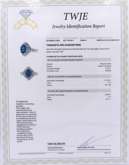 Majestic 18kt White Gold oval Tanzanite and Diamond Ring