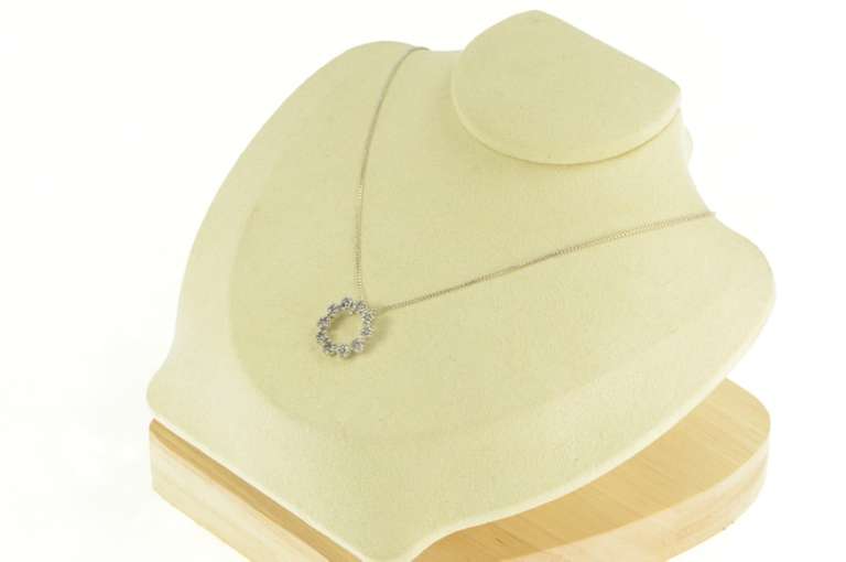 14K White Gold Pave Diamond Flower Cluster Circle Pendant