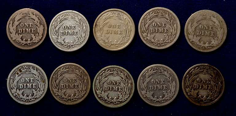 Lot Of 10 Circulated Barber Dimes All Different Dates