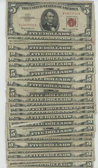 Larger lot 30 mixed 1953 & 1963 $5 Red Seal Notes