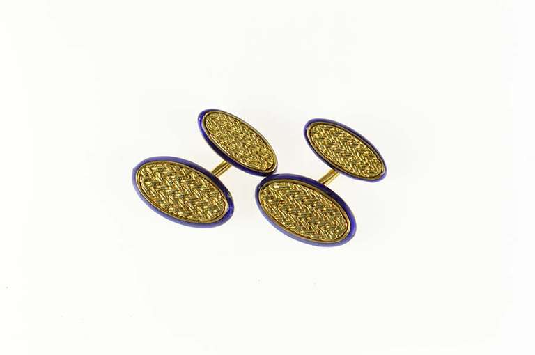 18K Yellow Gold Oval Woven Blue Enamel Men's Ornate Cuff Links