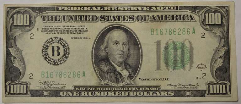 Series 1934A $100 Federal Reserve Note, Circulated.