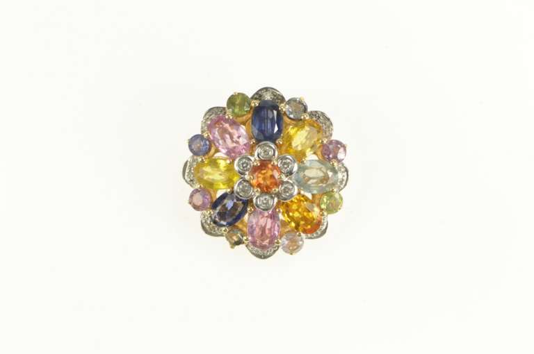 14K Yellow Gold Round Natural Sapphire Diamond Flower Cluster Pendant