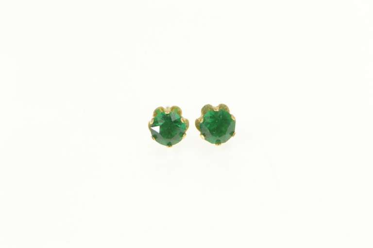 14K Yellow Gold Round Sim. Emerald Vintage Solitaire Stud Earrings