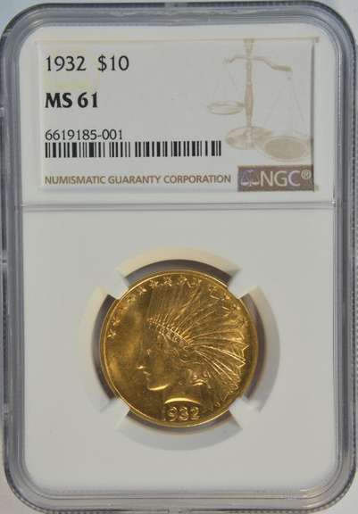 Blazing BU 1932 US $10 Indian Gold Piece. NGC MS61