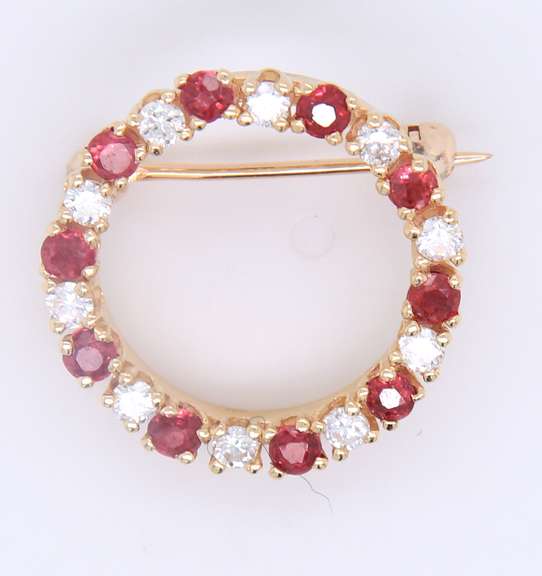 Charming Yellow Gold Ruby and Diamond Pin