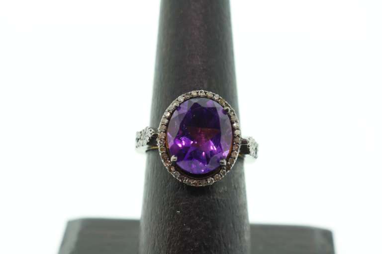 Haunting Amethyst Dark Silver Ring with Diamond Accents