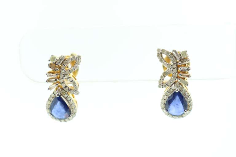 14kt Gold Plated Sterling Silver & Sapphire Earrings with Diamond Accents