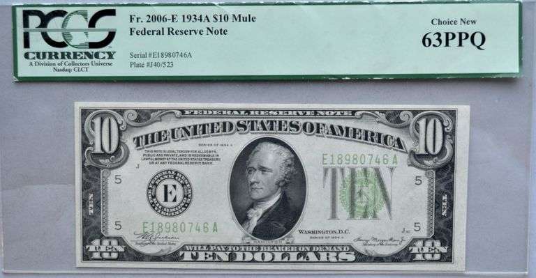 1934A $10 Mule $10 Fed Reserve Note PCGS Choice New 63 PPQ