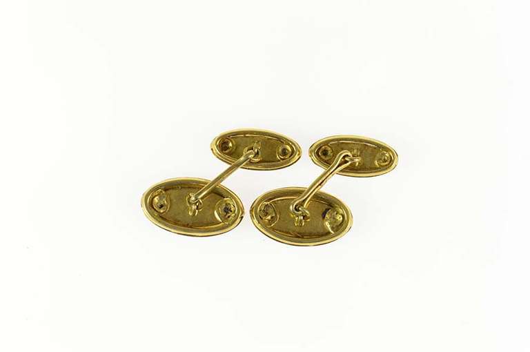18K Yellow Gold Oval Woven Blue Enamel Men's Ornate Cuff Links